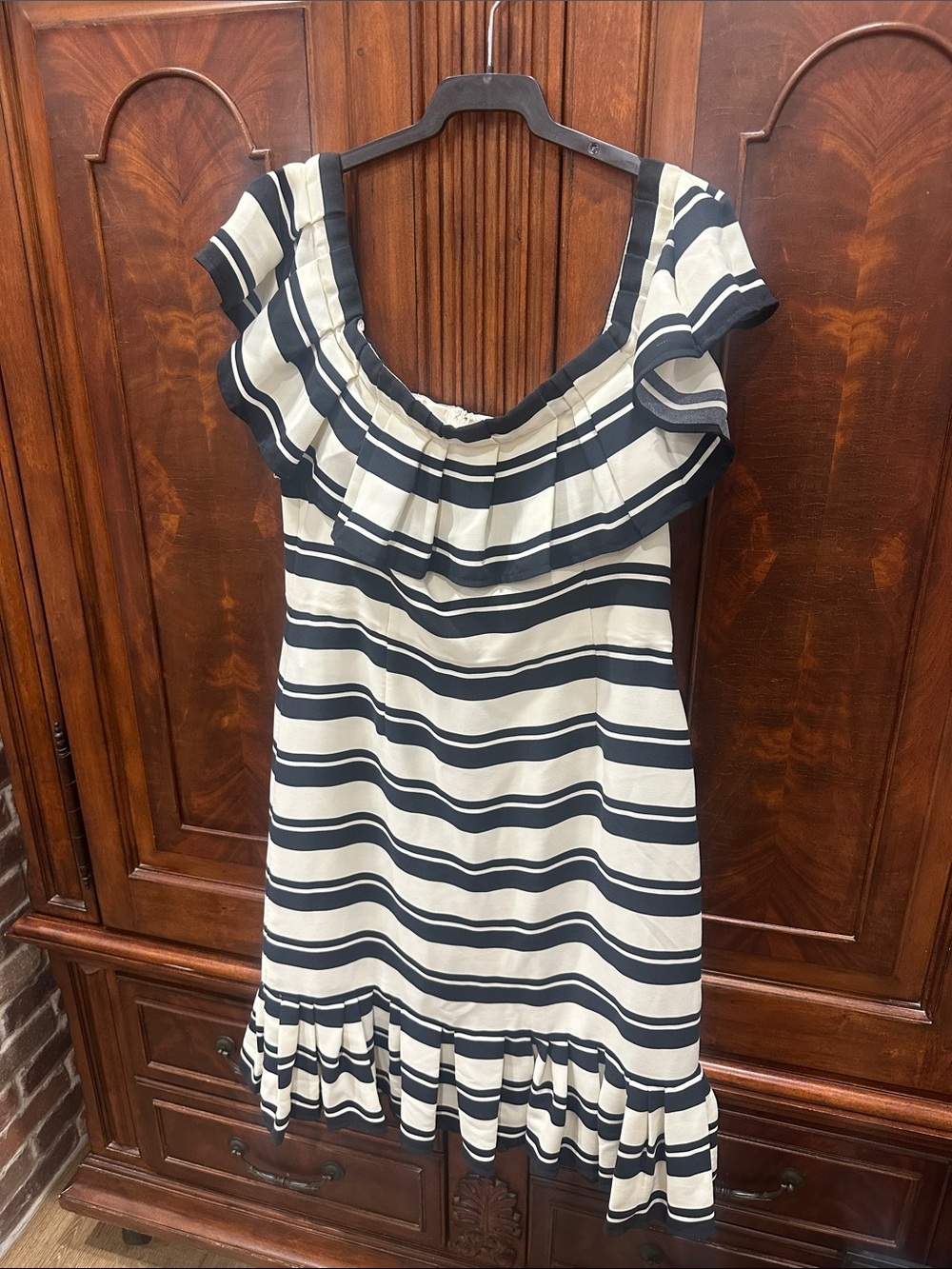 Halston Heritage Black & White Striped Ruffle-Off-Shoulder Dress